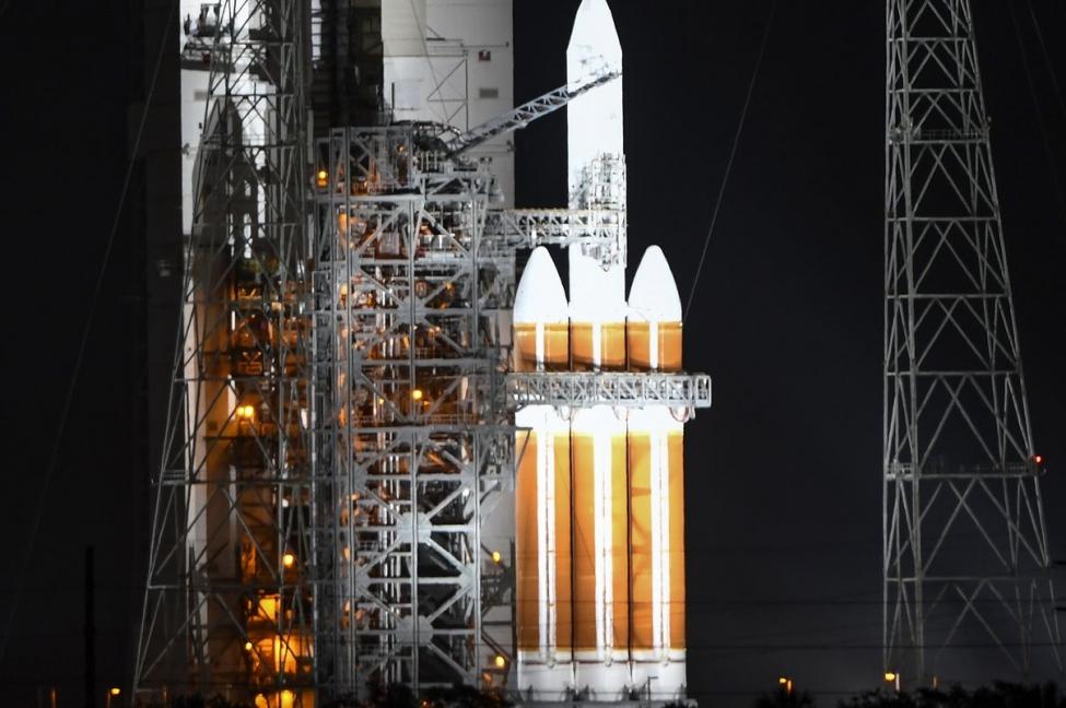 A United Launch Alliance Delta IV Heavy rocket carries a U.S. spy satellite as it awaits launch at Cape Canaveral Air Force Station in Florida. Photo by Joe Marino/UPI