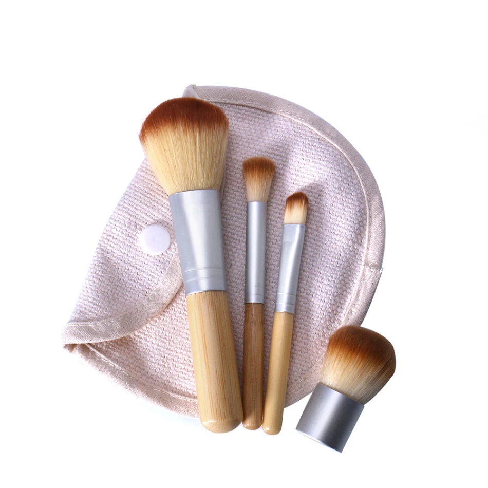 Kit de pincéis de maquiagem com cabo de bambu para pó. Aplicação suave e uniforme. Ideal para pós soltos e compactos.