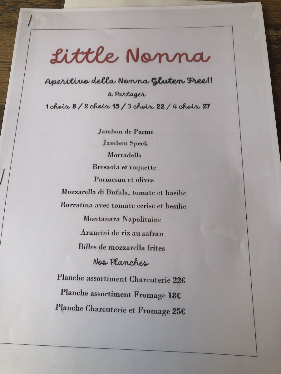 Little Nonna gluten-free menu