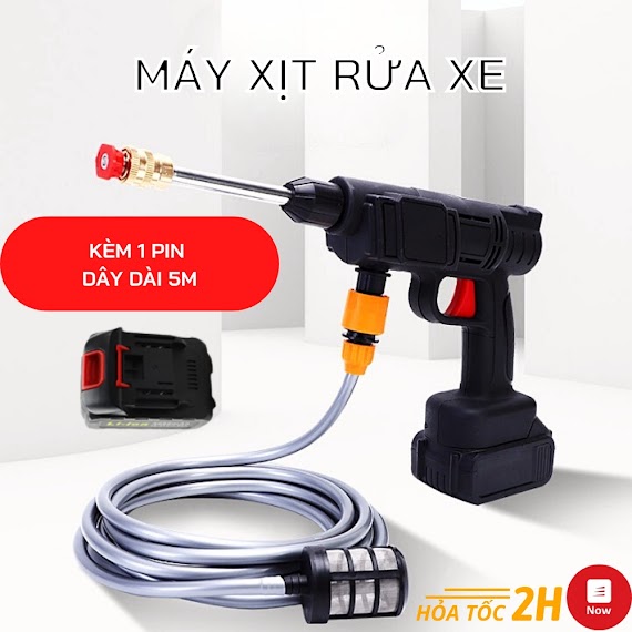 Máy Rửa Xe Mini Dùng Pin Công Suất 200W, Máy Xịt Rửa Tăng Áp Lực Cao Cầm Tay Rửa Xe Gia Đình Pin Siêu Lâu