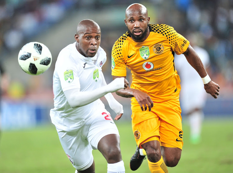 Katlego Mashego of Free State Stars challenged by Ramahlwe Mphahlele of Kaizer Chiefs during the 2018 Nedbank Cup semi final match between Kaizer Chiefs and Free State Stars at Moses Mabhida Stadium, Durban on April 21 2018.