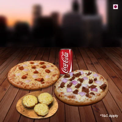 Exotic Tikka Pizza+Keema And Onion Pizza+Cheesy Garlic Bread+Coke