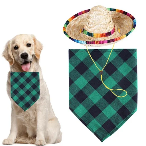 Pet Drool Bib Stylish Dog Plaid Bandana Triangle Dog Drool Towel With Straw Hat Dog Drool Bib Dog Drool Towel For Small 