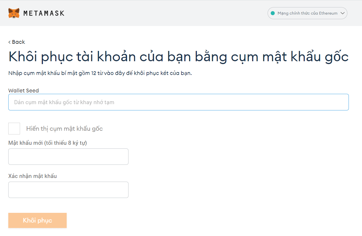 Khôi phục ví metamask