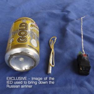 A photo published in Islamic State magazine Dabiq shows a can of Schweppes Gold soft drink and what appeared to be a detonator and switch on a blue background