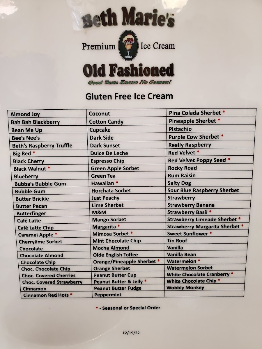 Beth Marie's Old Fashioned Ice Cream gluten-free menu