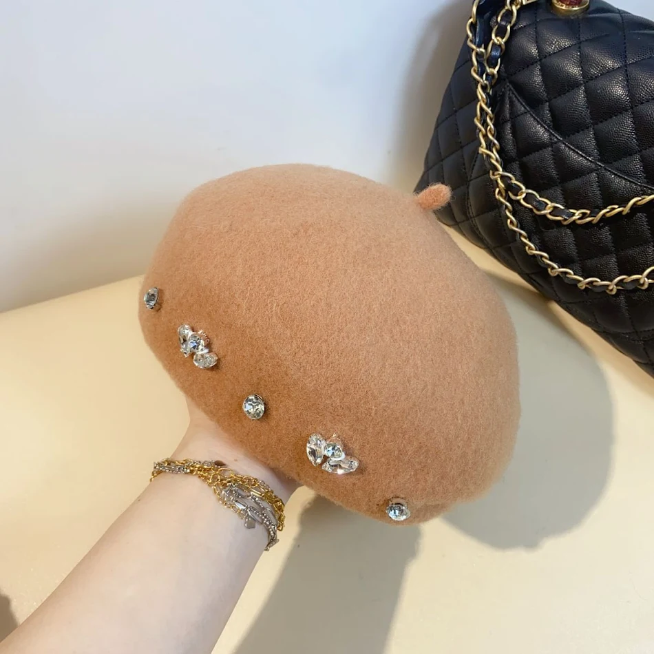 Women's Autumn And Winter British Rhinestone Wool Beret