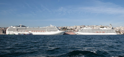 MSC Poesia and the smaller Viking Star face off when docked in Istanbul. 