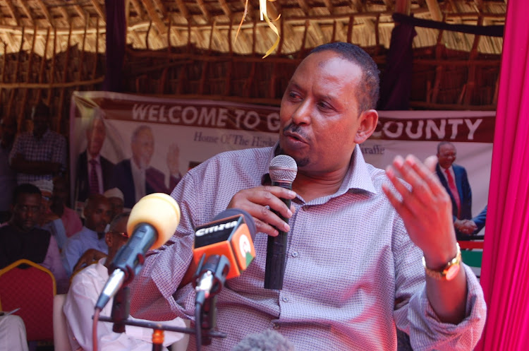 Wajir East MP Rashid Kassim speaking at a Garissa hotel during a delegates meeting ahead of the BBI rally on Sunday.