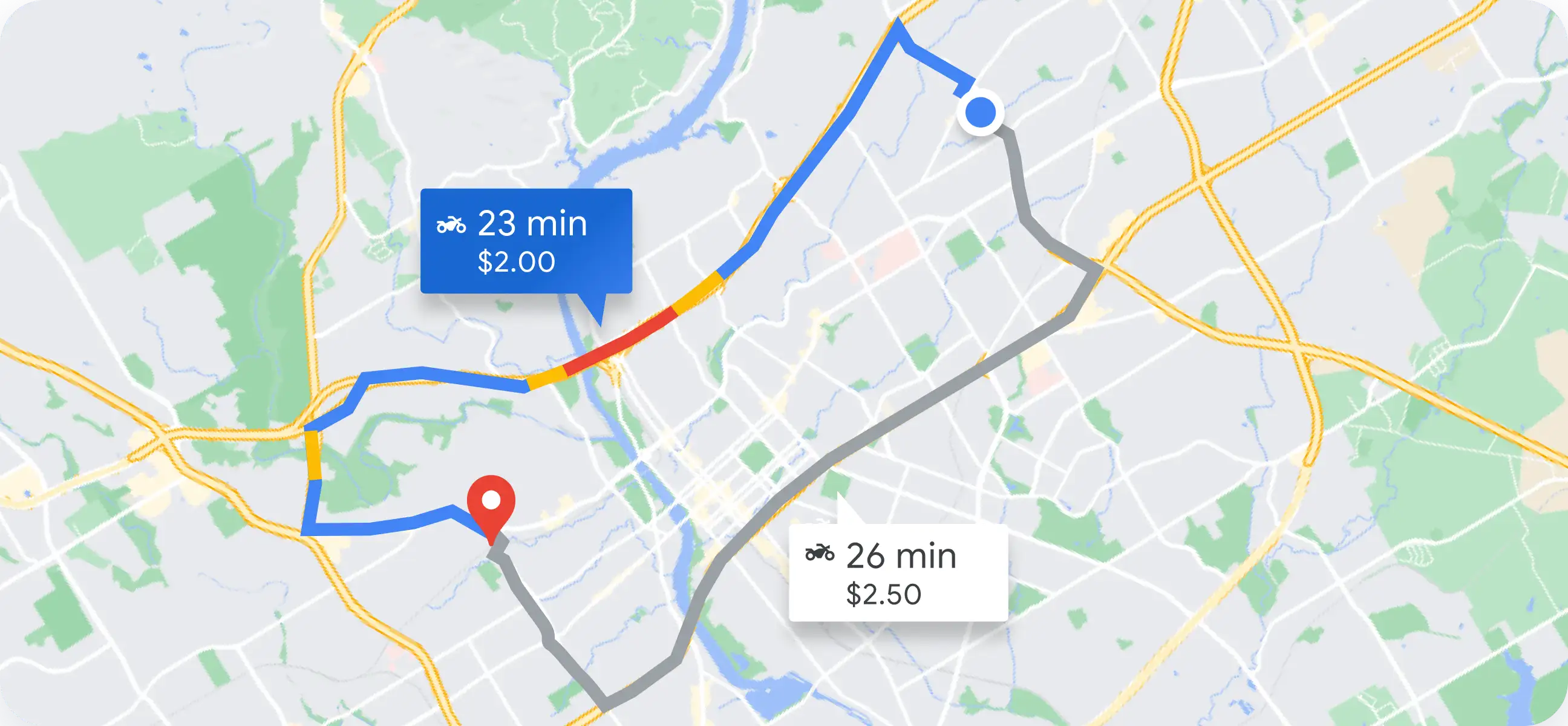 Carte comparant des itinéraires en moto