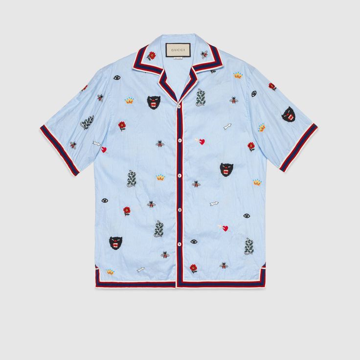 Gucci Pale Blue Embroided Cotton Bowling Shirt.