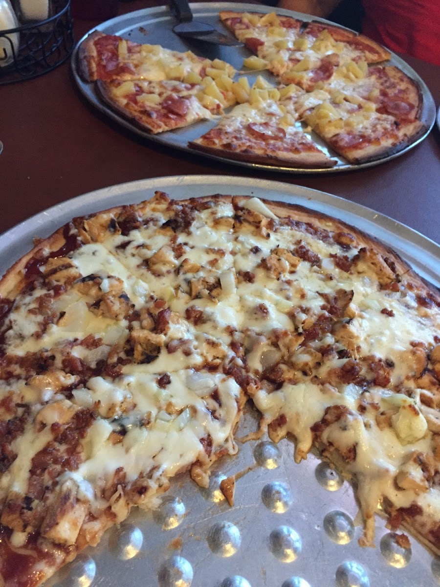 Gluten free Hawaiian and BBQ Chicken pizzas...