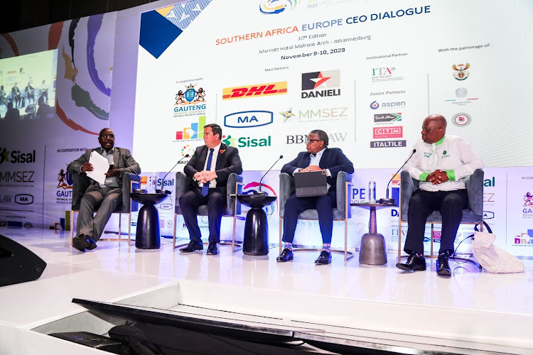 ActionSA leader Herman Mashaba ,DA leader John Steenhusien and ANC secretary-general Fikile Mbalula at the Southern Africa Europe CEO dialogue at Melrose Arch in Johannesburg on Thursday.