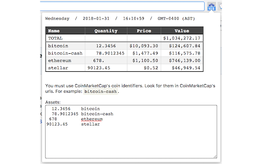 Cryptocurrency portfolio value