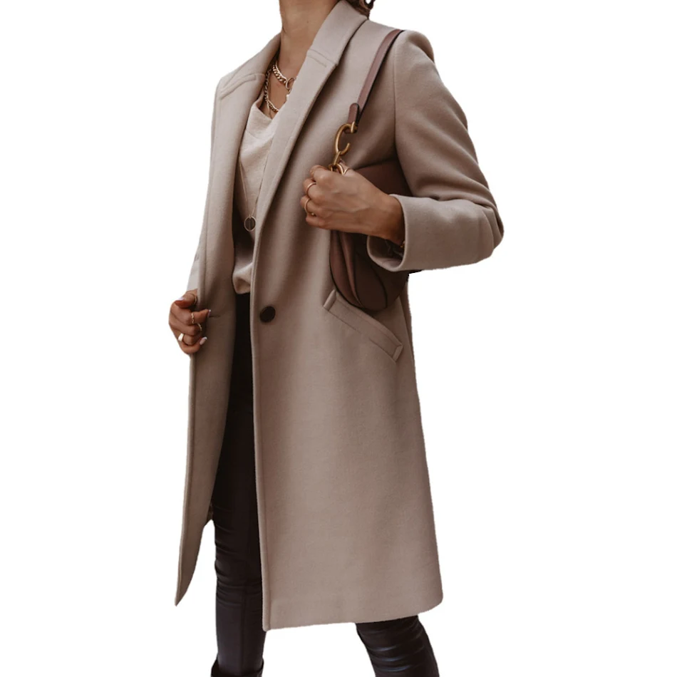 Trench-coat urbain en laine européenne et américaine, avec revers, un seul bouton, pour un style citadin élégant et confortable, idéal pour la vie quotidienne.
