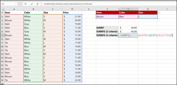 SUMIFS function in Excel for 3 Criteria