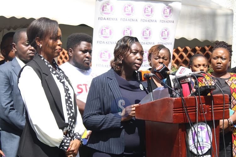 FIDA Kenya Vice Chair Christine Kungu speaking during a press conference concerning the rising cases of femicide in the country at their offices, Lavington on January 16, 2023