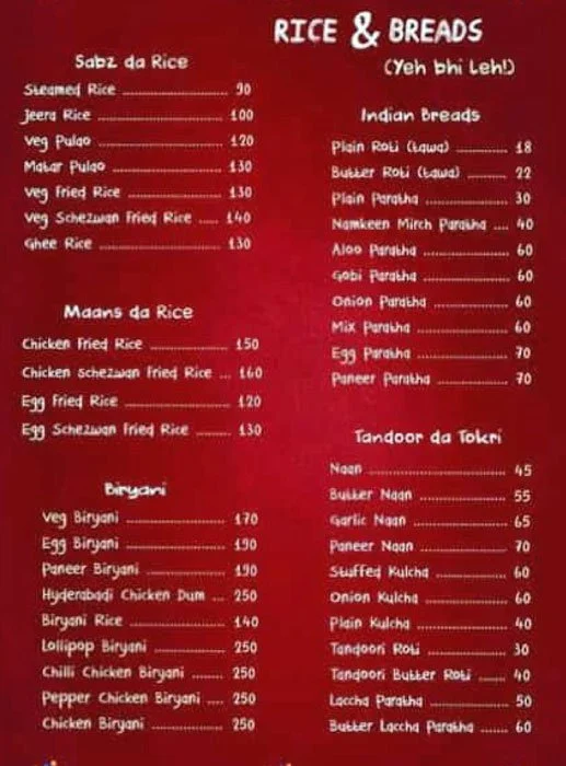 Balle Balle Dhaba menu 