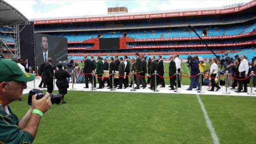 Springbok class of 1995 carrying the coffin of their late former teammate Joost van der Westhuizen at a public memorial ceremony held at Loftus Versfeld Stadium in Pretoria.