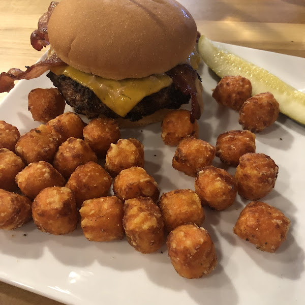 PB & J Burger with sweet potato tots. All burgers and sandwiches can be made on GF bread.