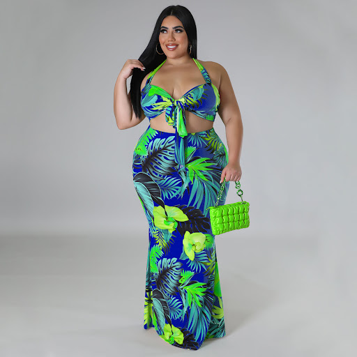 Title 5, Printed Conservative Neck Tie Up Dress Set