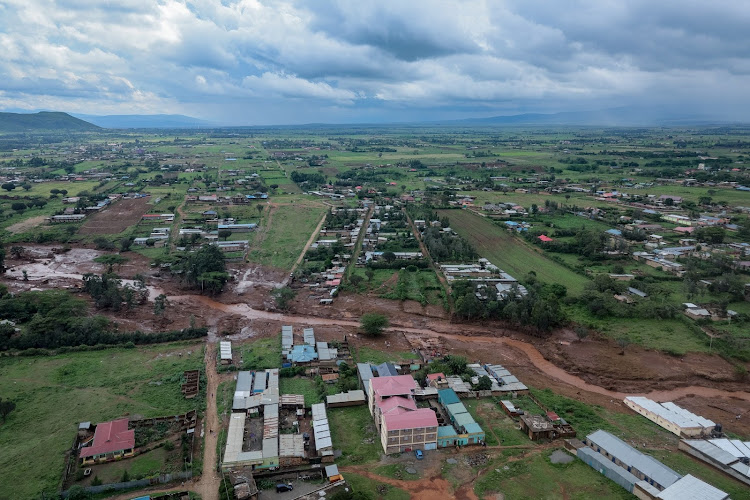 An aerial photo showing the extent of the damage by floods at Mai Mahiu on April 29, 2024.