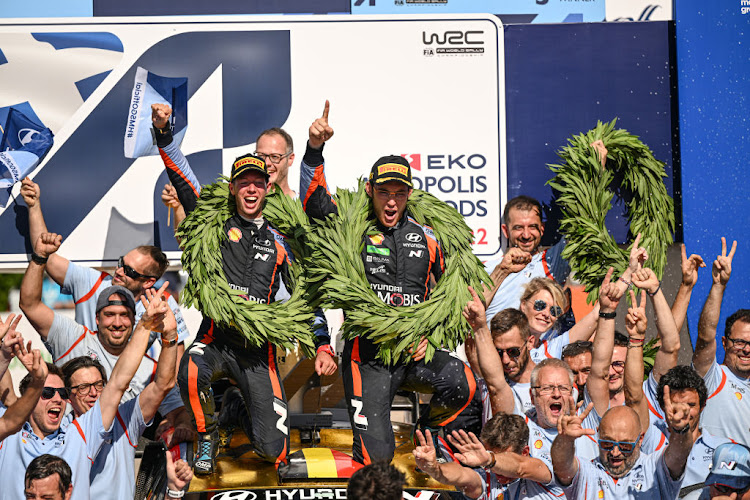 Thierry Neuville and Martijn Wydaeghe celebrating their victory in the final podium in Lamia during Day Four of the FIA World Rally Championship Greece on September 11 2022 in Athens.