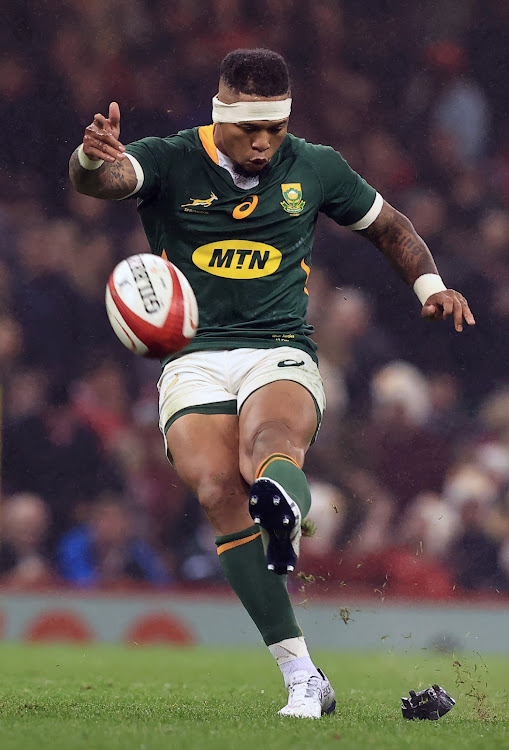 Elton Jantjies kicks the final penalty during SA's win over Wales in Cardiff last Saturday. He is in the starting team to play Scotland.