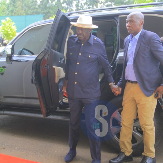 Opposition leader Raila Odinga arrive at Ulibnzi sports complex for the memorial service on April 20, 2024.