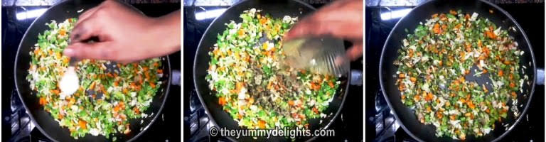 Add chopped vegetables, salt and black pepper powder for making veg fried rice recipe