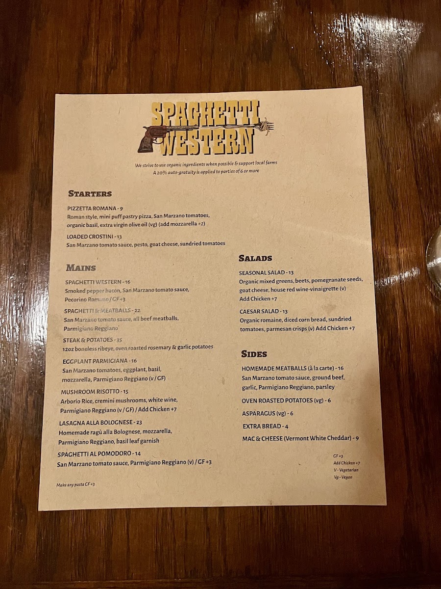 Spaghetti Western gluten-free menu