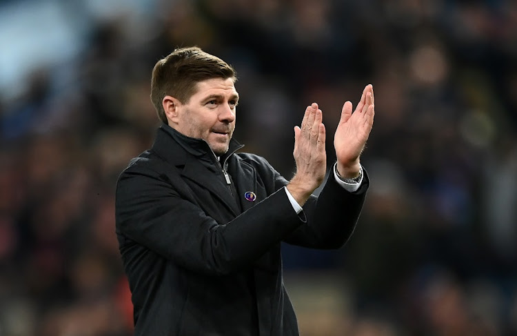 Aston Villa manager Steven Gerrard applauds the fans after the Premier League match against Leicester City at Villa Park in Birmingham on December 5 2021.