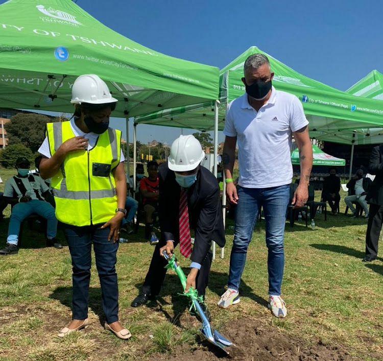 MMC for community and social development Thabisile Vilakazi (left), Tshwane Executive Mayor Randall Williams (centre) and ex-Arcadia Shepherds and Bafana Bafana star Mark Fish attend the sod-turning for the R120-million facelift to Caledonian Stadium.