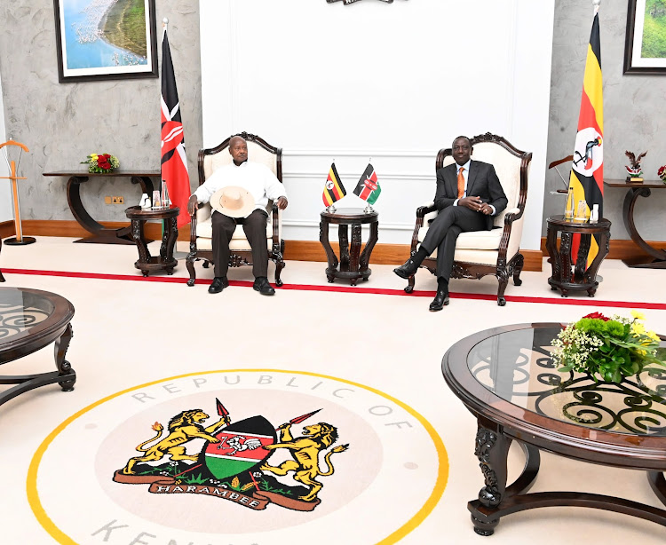 Ugandan President Yoweri Museveni and President William Ruto during a meeting at State House, Nairobi on May 16, 2024.