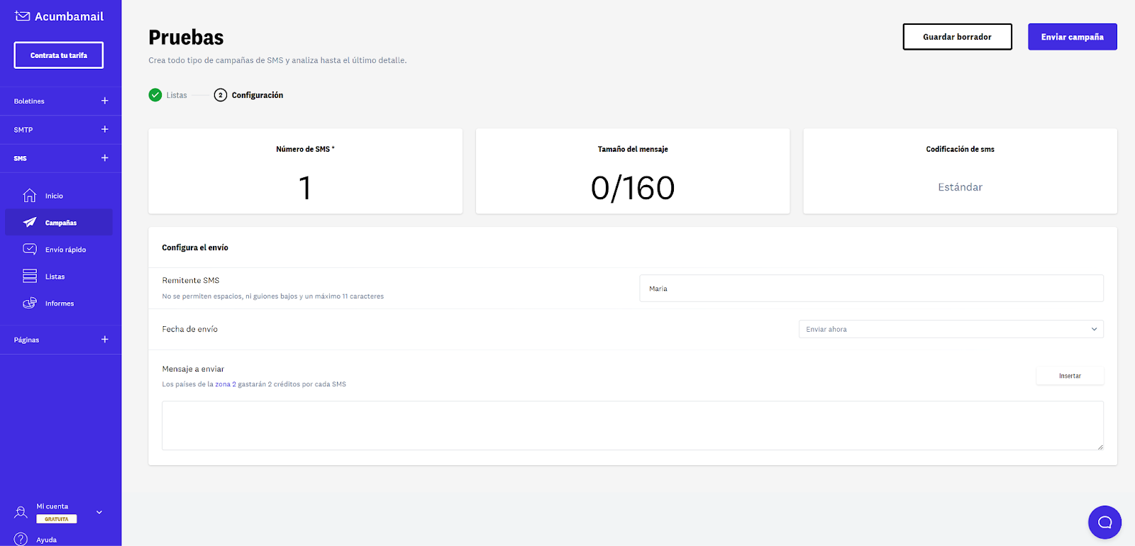 panel de configuración de campaña