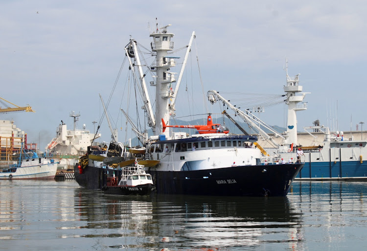 The Mexican tuna trawler where the Australian sailor Timothy Lindsay Shaddock, 54, was rescued along with his dog Bella after being adrift for over two months, sails in Manzanillo, Mexico, July 18, 2023.