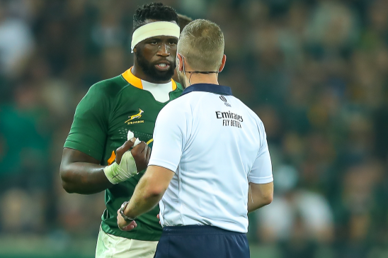 Bok captain Siya Kolisi in conversation with Angus Gardner earlier this year. Gardner will referee a Bok Test for the third time this year next month in London.