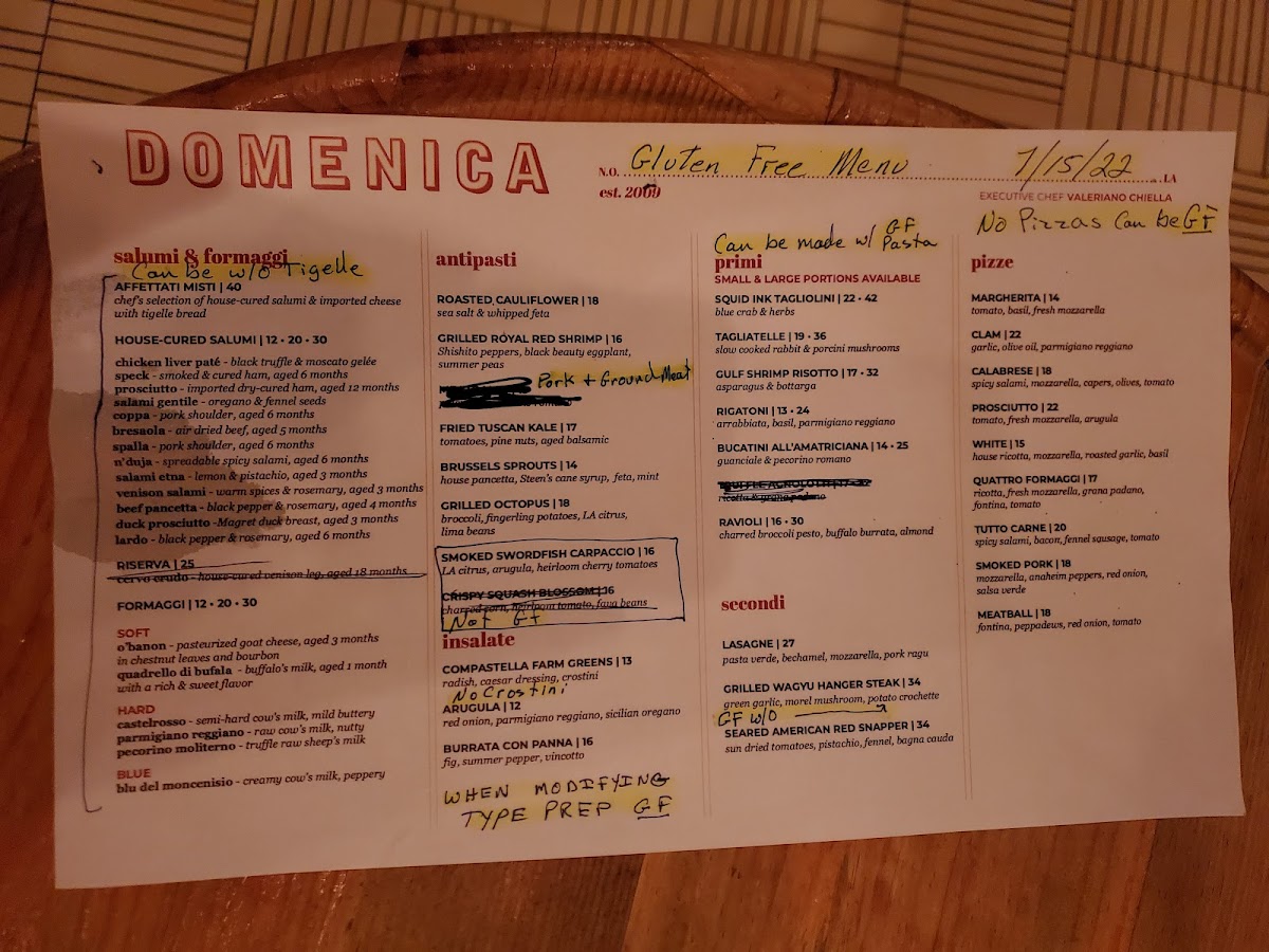 Gluten free menu