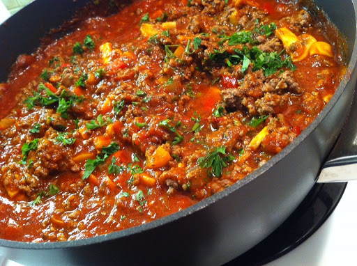 Pasta sauce in a large pot.