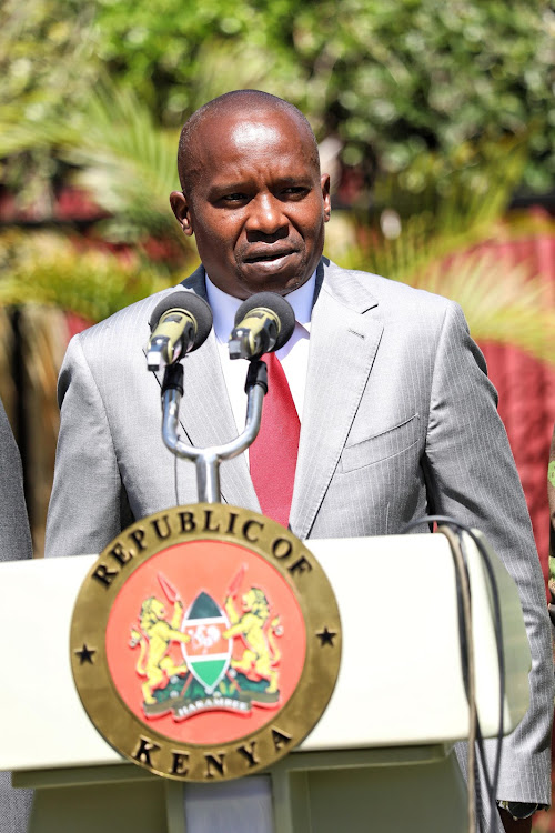 Interior Cabinet Secretary Kithure Kindiki addressing the media at the GSU Training School in Embakasi , Nairobi on March 12, 2024