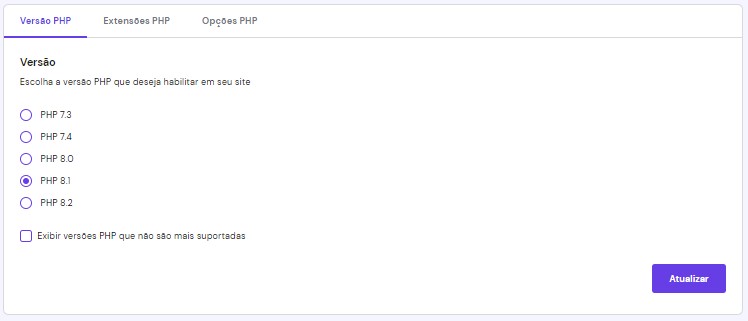 Alterando a versão PHP do site nas configurações do hPanel