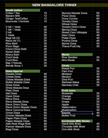 New Bangalore Thindi menu 