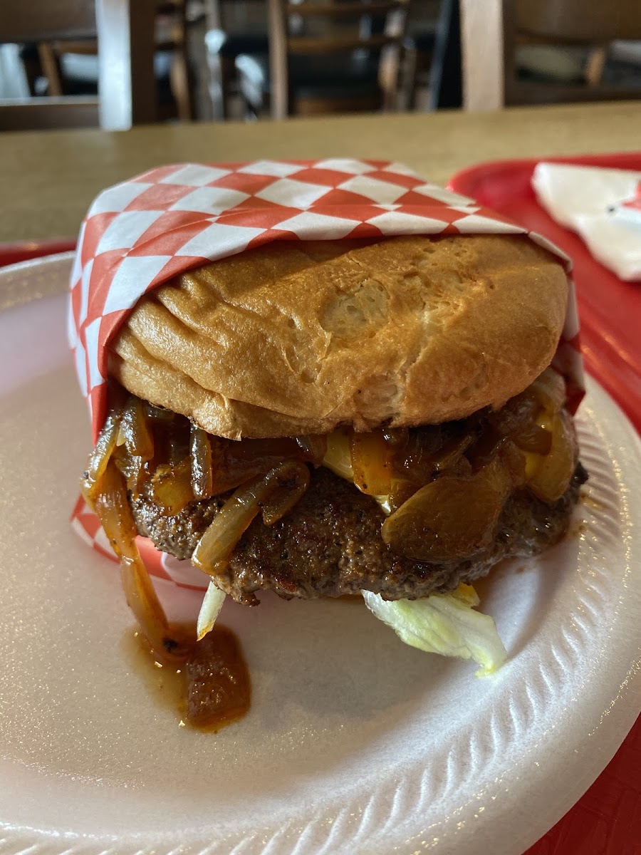 Regular cheeseburger with grilled onions.