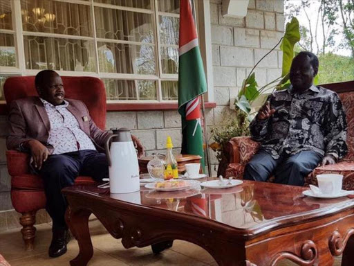 Opposition leader Raila Odinga during a meeting with Bomet Governor Isaac Rutto after which he officially joined the National Super Alliance. /FILE