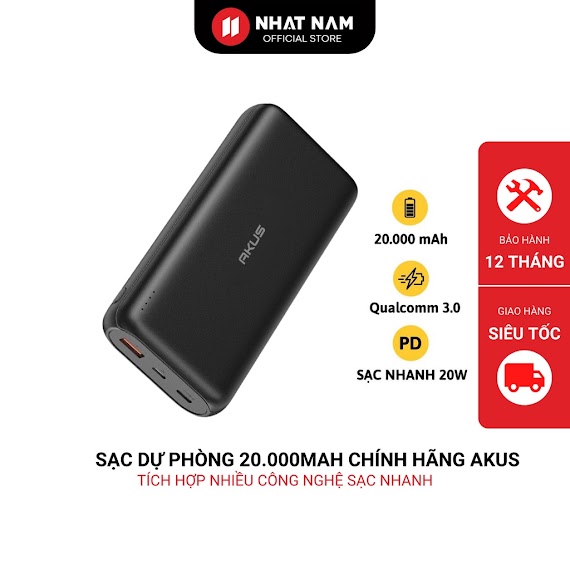 Sạc Dự Phòng Dung Lượng 20000Mah Sạc Nhanh 20W Akus - Dp340 - Hàng Chính Hãng - Bh 12 Tháng - Đen