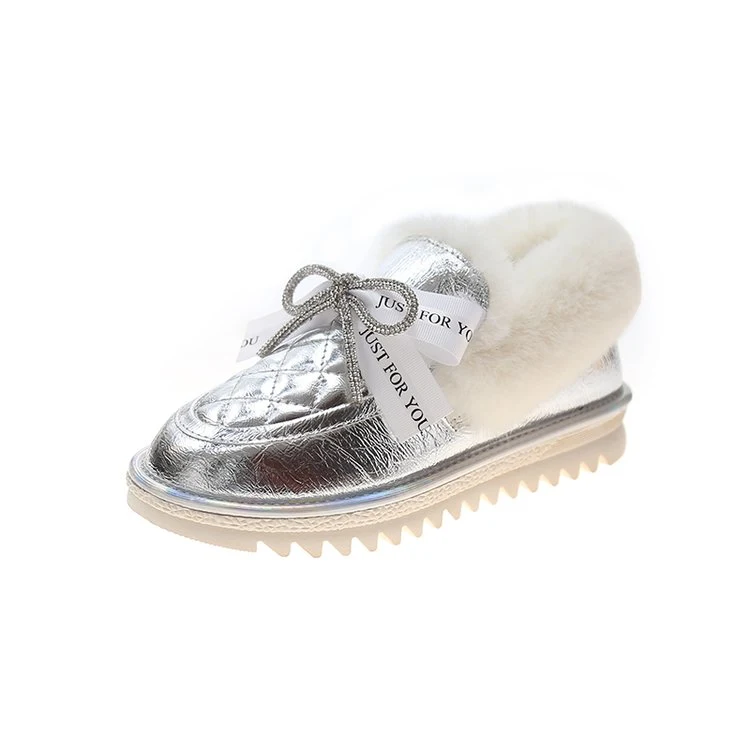 Zapatos con lazo y pelusa para mujer Botas de nieve bajas brillantes Calzado cálido y elegante para el invierno con diseño femenino.