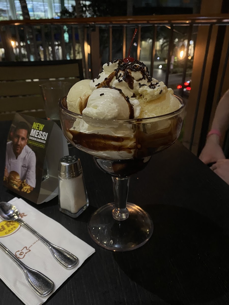 Brownie with ice cream, cream and hot fudge (it is huge)