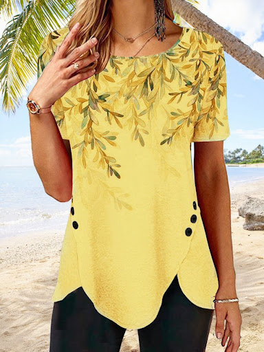 Title 3, Placed Print Buttons Irregular Hem Crew Neck Sh...