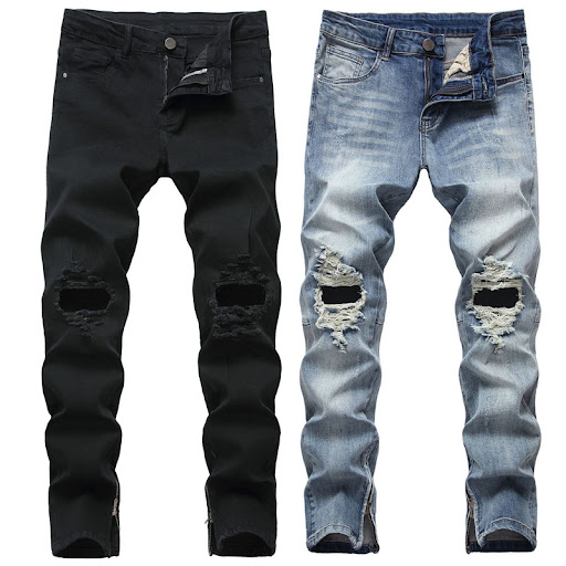 Title 5, Mens Zipper Ripped Jeans Trousers, Denim Stret...