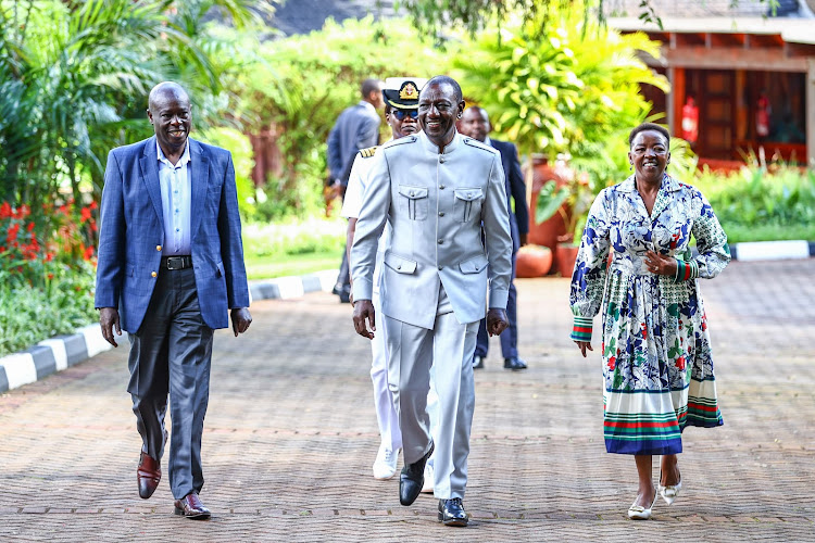 President William Ruto, his deputy Rigathi Gachagua and First lady Rachel Ruto at Sagana State House in Nyeri, on April 18, 2024.
